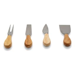 Four stainless steel cheese tools with light wooden handles, including a fork, two knives, and a spreader, arranged on a whi… - view 2