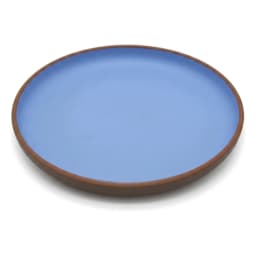 A single round blue melamine plate with a visible brown rim, resting on a plain white background. - view 2