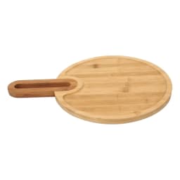 Light brown round bamboo wood cutting board with an integrated rectangular handle on a white background. - view 2
