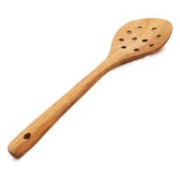 Light brown wooden slotted spoon with multiple drainage holes and a hanging hole on the handle, on a white background. - view 3
