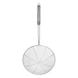 Silver metal skimmer with a round fine mesh head and a long cylindrical metal handle on a white background. - view 3