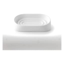 Six white plastic bathroom accessories set including a trash can, toilet brush, soap dispenser, tumbler, soap dish, and toot… - view 5