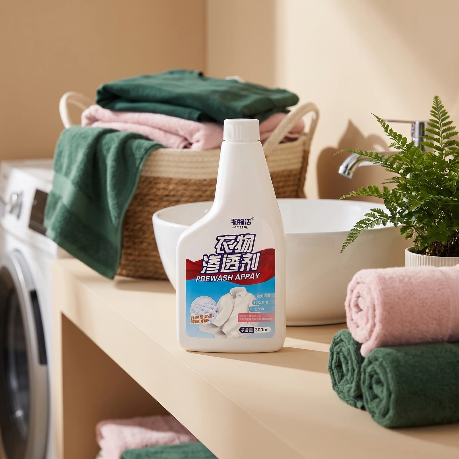 White plastic bottle of pre-wash laundry stain remover with a red and blue label, showing a white shirt, 300ml volume