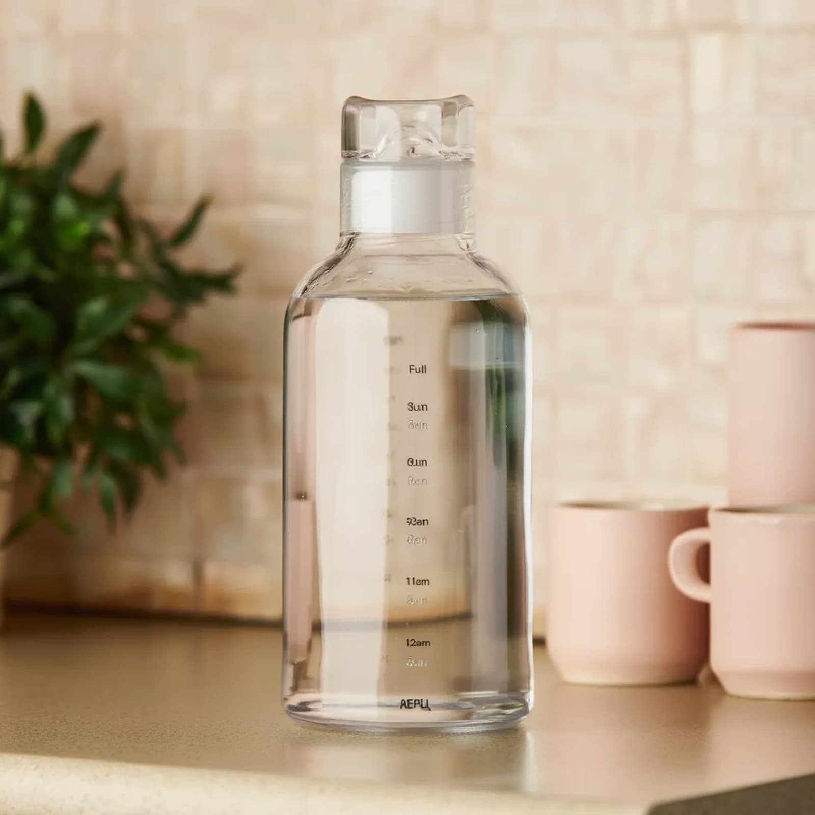 Clear acrylic water bottle with white lid and black time markings on a kitchen counter next to pink mugs.