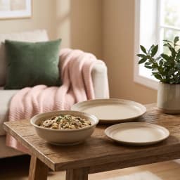 Three beige porcelain dinnerware pieces: a large dinner plate, a smaller salad plate, and a deep bowl, all with ribbed edges. - view 4