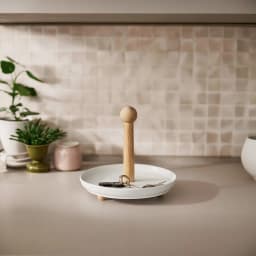 Round white porcelain serving plate with a tall, light wood central handle, on a beige table in a living room setting. - view 7