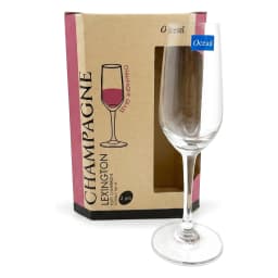 Clear glass champagne flute with a slender stem and wide base, next to a brown and pink retail box for a 2-piece set, 185ml… - view 3