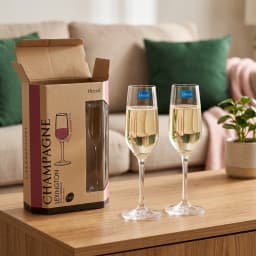 Clear glass champagne flute with a slender stem and wide base, next to a brown and pink retail box for a 2-piece set, 185ml… - view 1
