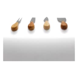 Four stainless steel cheese tools with light wooden handles, including a fork, two knives, and a spreader, arranged on a whi… - view 3