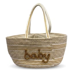 Cream and gold woven basket bag with two handles and 'baby' embroidered on the front, on a white background. - view 3