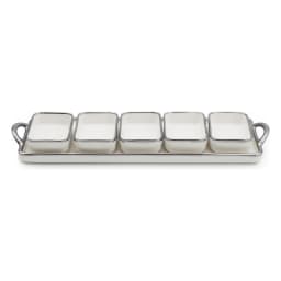 Cream porcelain serving set with five square bowls and a rectangular tray, all with silver trim, on a white background. - view 2