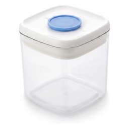Clear plastic food storage container with a cream-colored rectangular lid and a blue circular airtight seal button on top - view 2