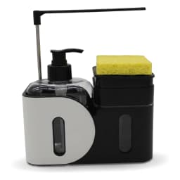 Black and white plastic kitchen sink organizer with a clear soap dispenser, a black sponge holder, and a yellow sponge on a… - view 3