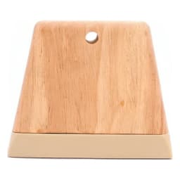 Light brown wooden dough scraper with a beige plastic blade and a hanging hole, on a white background. - view 2