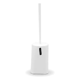 Six white plastic bathroom accessories set including a trash can, toilet brush, soap dispenser, tumbler, soap dish, and toot… - view 3