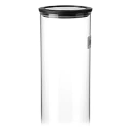 Single clear cylindrical glass storage jar with a black lid on a white background - view 3