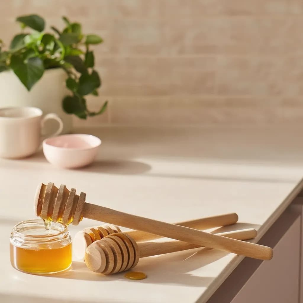 Five light brown wooden honey dippers with spiral grooves, standing upright against a white background.