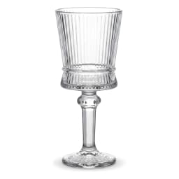 Dark blue box with white line drawings of six clear ribbed glass stemware glasses on a white background. - view 3