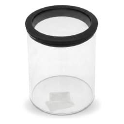 Clear cylindrical glass storage jar with a black screw-on lid on a white background - view 2