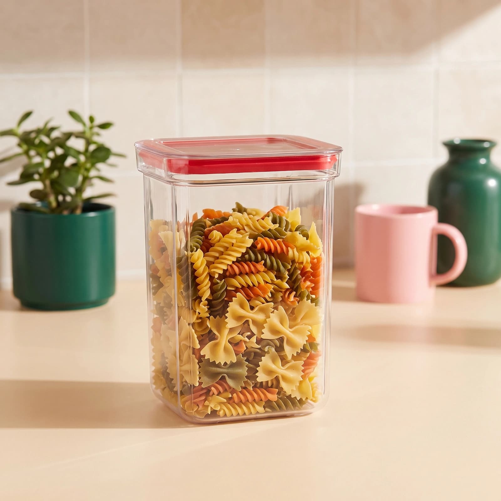 Clear rectangular plastic storage container with a red lid on a white background