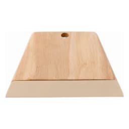 Light brown wooden dough scraper with a beige plastic blade and a hanging hole, on a white background. - view 3