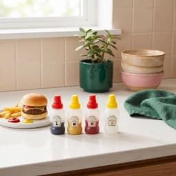 Four clear plastic squeeze bottles with red and yellow caps, labeled for soy sauce, honey mustard, ketchup, and salad dressi… - view 1