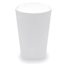 Six white plastic bathroom accessories set including a trash can, toilet brush, soap dispenser, tumbler, soap dish, and toot… - view 2