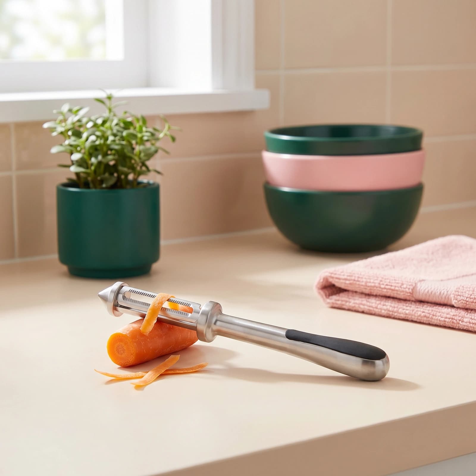 Silver metal vegetable peeler with a black handle peeling an orange carrot on a beige kitchen counter