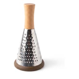 Silver metal conical grater with a light brown wooden handle and a dark brown silicone base on a white background. - view 2