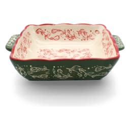 Rectangular porcelain baking dish with wavy red rim, cream interior with red floral pattern, and dark green exterior with wh… - view 3