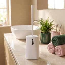Six white plastic bathroom accessories set including a trash can, toilet brush, soap dispenser, tumbler, soap dish, and toot… - view 8